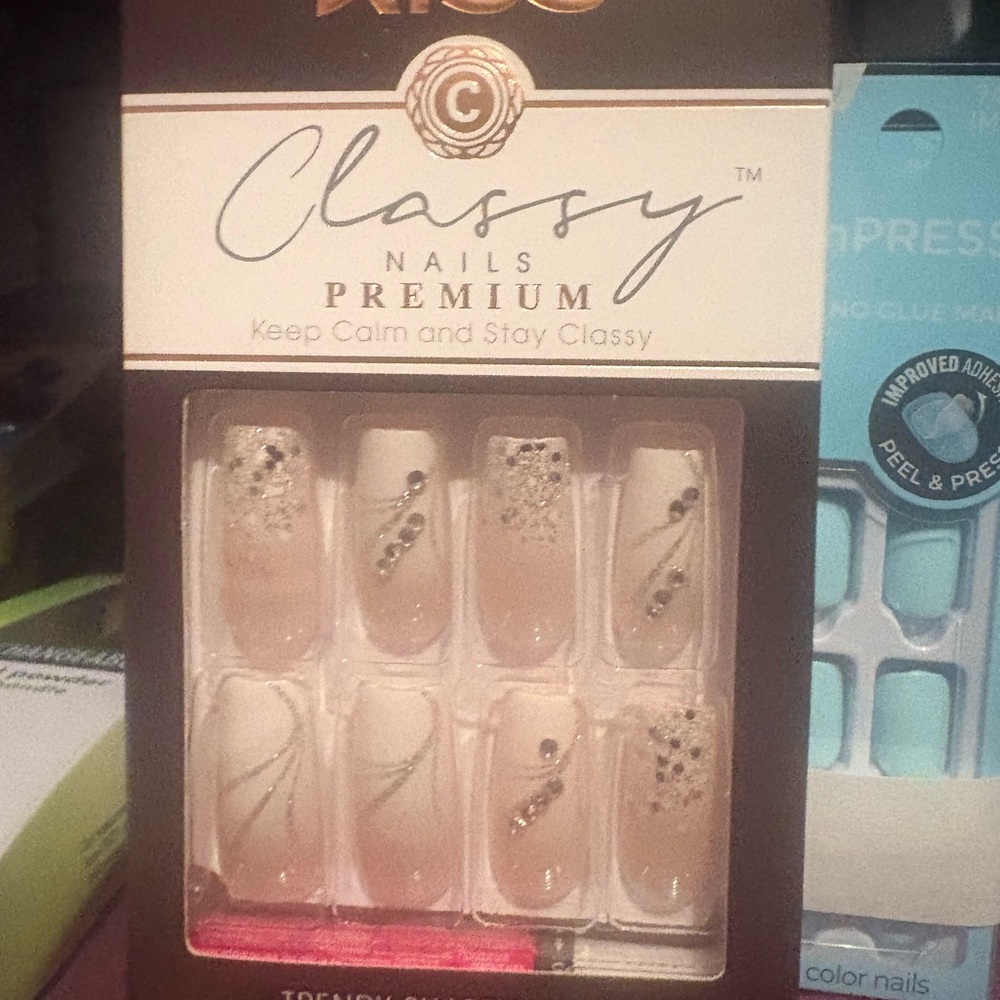 Premium Beige Rhinestone Press-On Nail Set
